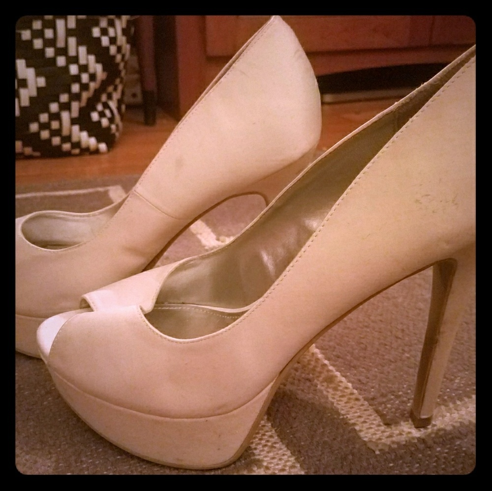 White satin and glitter heels peep toe, stiletto